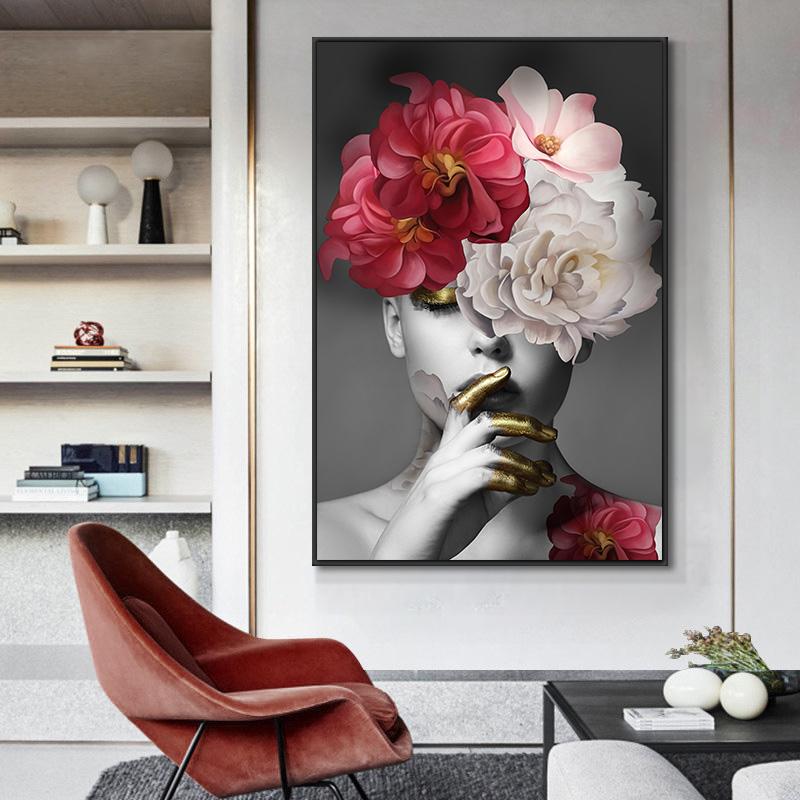 Nordic Style Home Decor Print Poster Wall Art Picture Flower On The Head With Gold Women Oil Painting On Canvas For Living Room