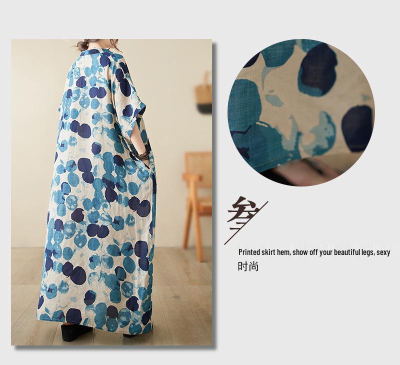 Retro Sukienka Plażowa z Dekoltem V i Luźnym Krojem - Lato 2024 Bawełna Len Narzutka Plus Size