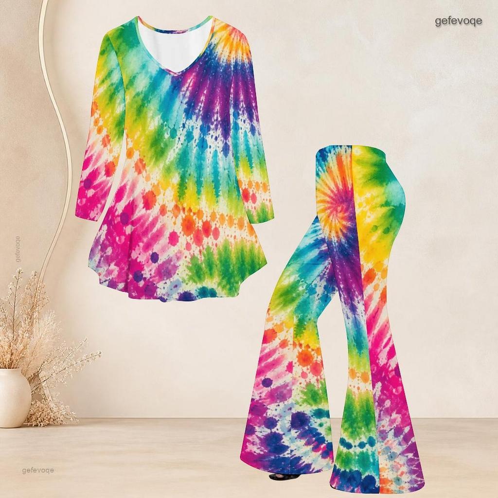Women Plus Size V Neck Three Quarter Sleeve Colorful Printed Flared Top And Flared Pants Two Piece Set