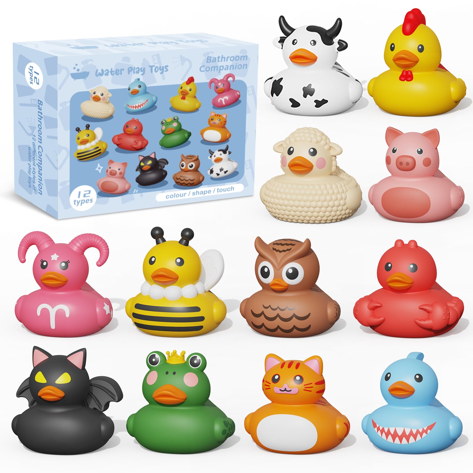 

12 Rubber Ducks, Toddler Bath Toys, No-Hole Bathtub Toys, Baby Pool Toys for 18 Months and Up.