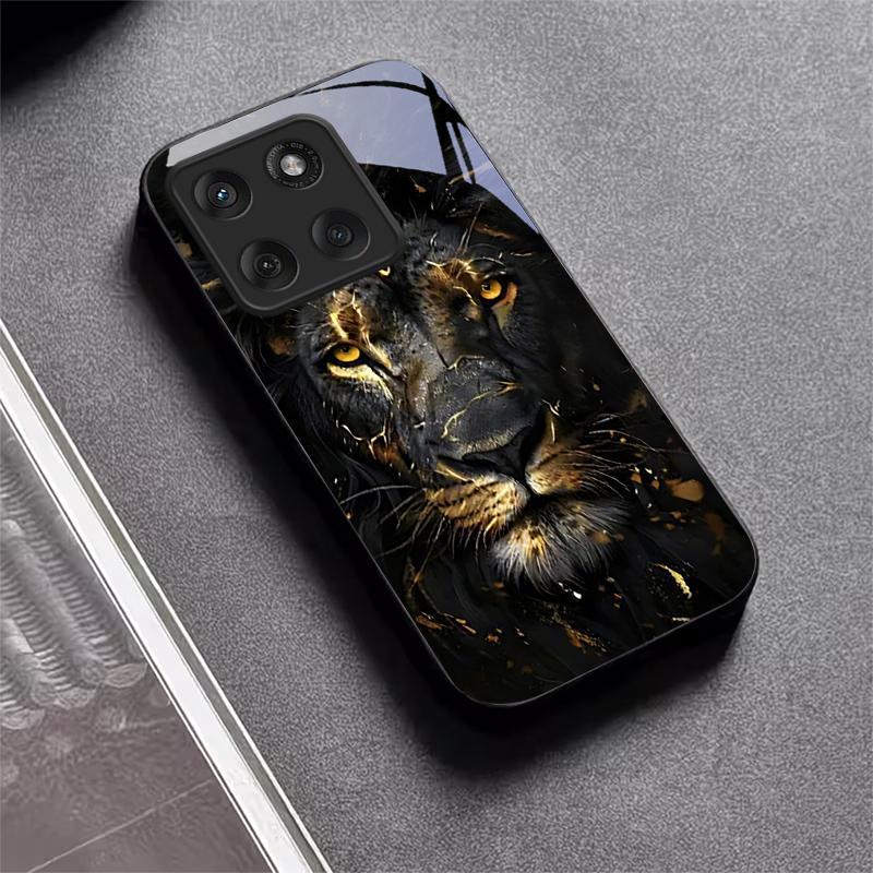 Lion With Golden Black Glass Phone Case For Motorola Moto Edge 70 60 Fusion 50 Ultra 40 Neo 30 Pro 20Lite 60s 50Neo Black Cover