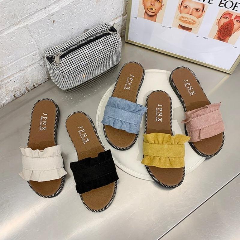 Spring and summer new lace one-word slippers flat heel casual women's sandals women's shoes student flat beach shoes