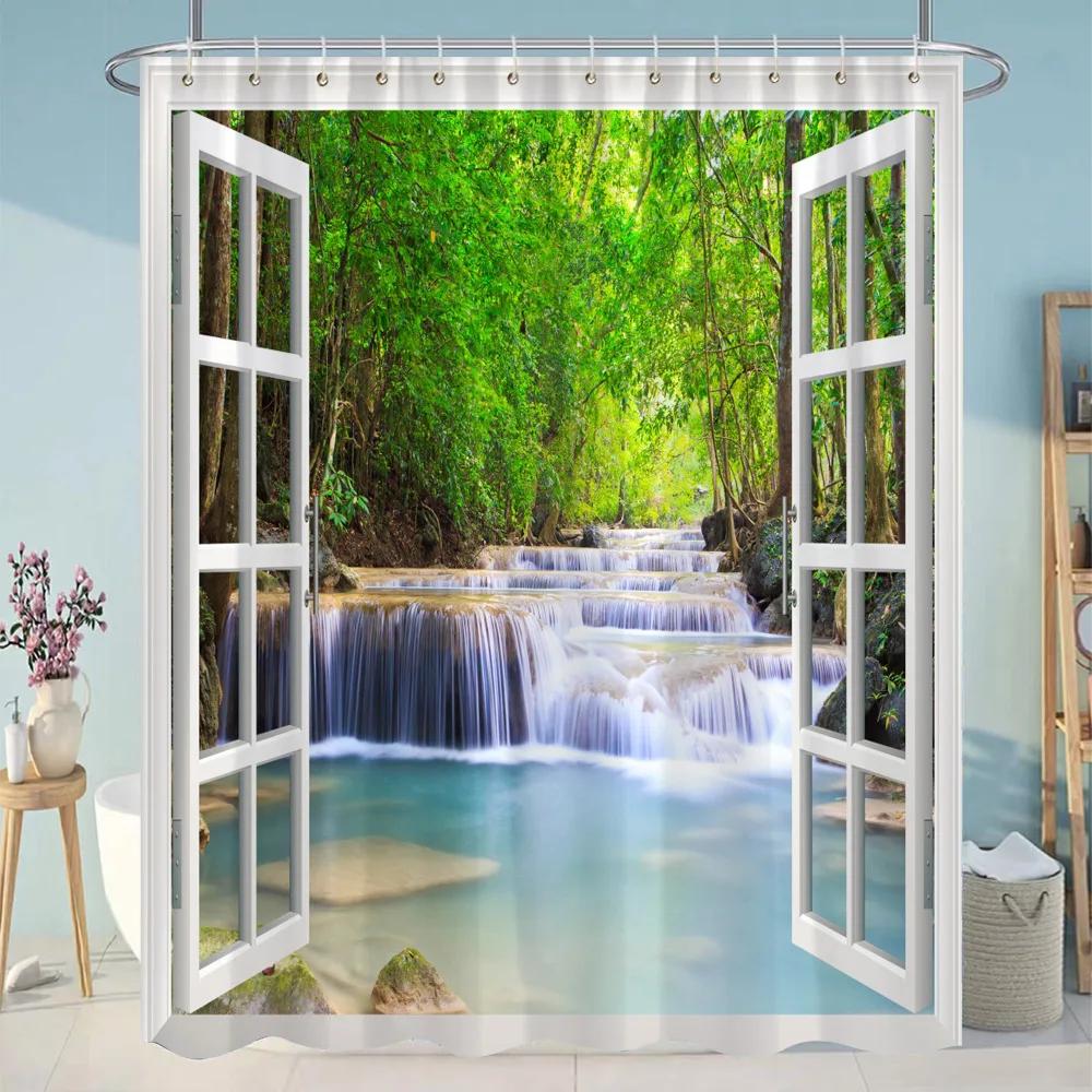 Simulation Window Beach Forest Outdoor Shower Curtain Tropical Seaside Landscape Bohemian Cloth Hanging Curtains Bathroom Decor