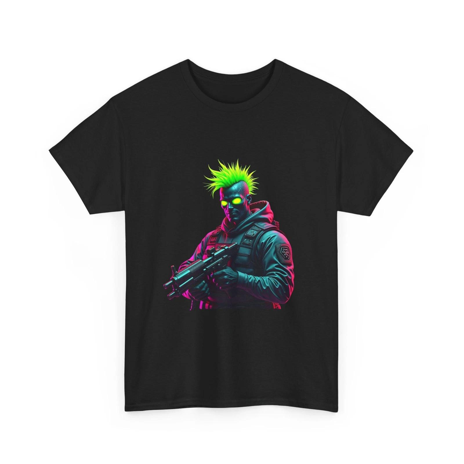 Neon Cyberpunk Soldier T-Shirt Retro Vaporwave Glow Graphic Tee L