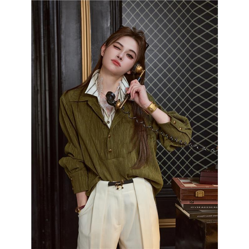 Women s Luxe Green Striped Lace Patchwork Shirt, Autumn/Winter 2025 2XL