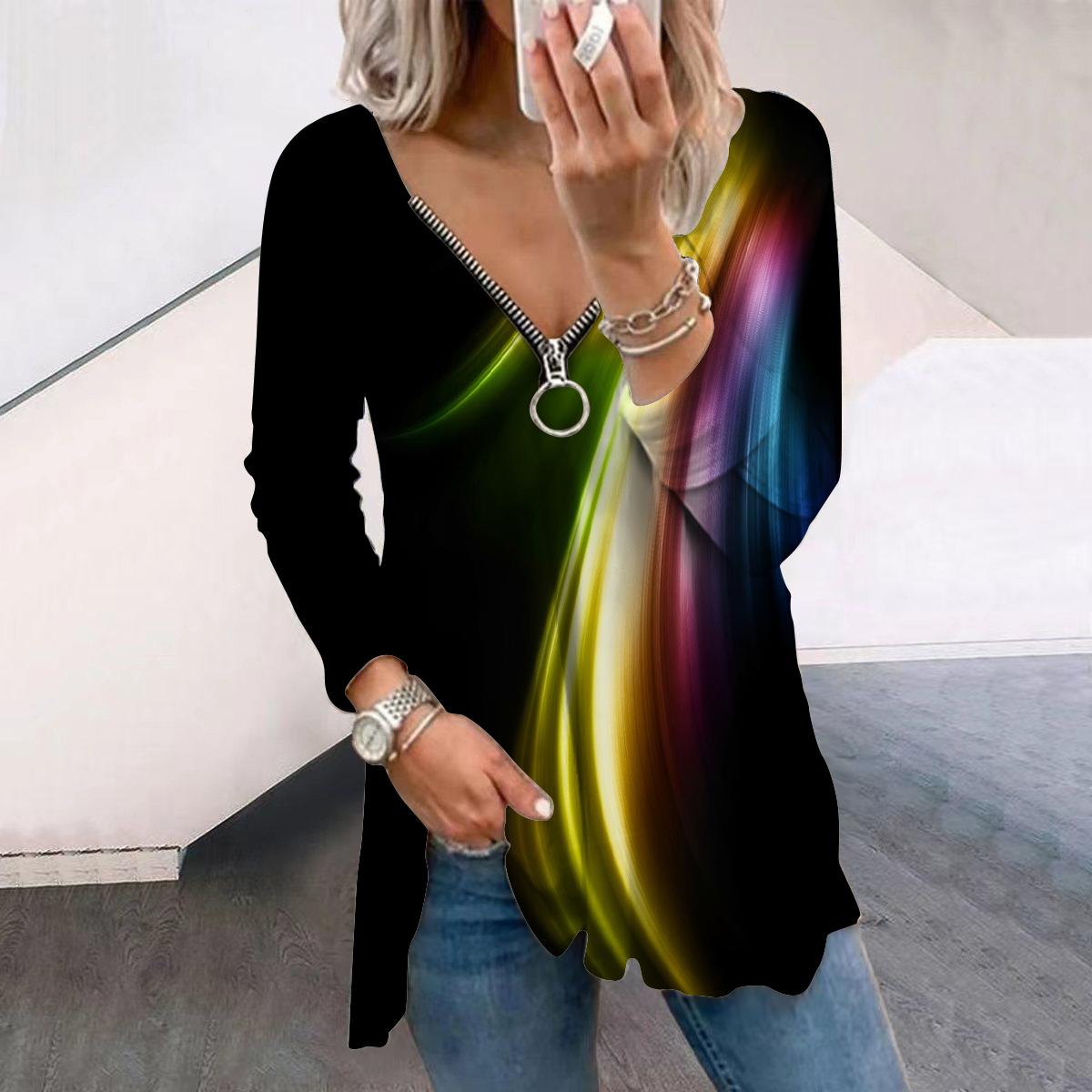 

Жіночі осінні футболки з градієнтним кольоровим світлим принтом і довгими рукавами, вільні футболки з v-подібним вирізом, плюс, зручна блуза 8XL жовтий