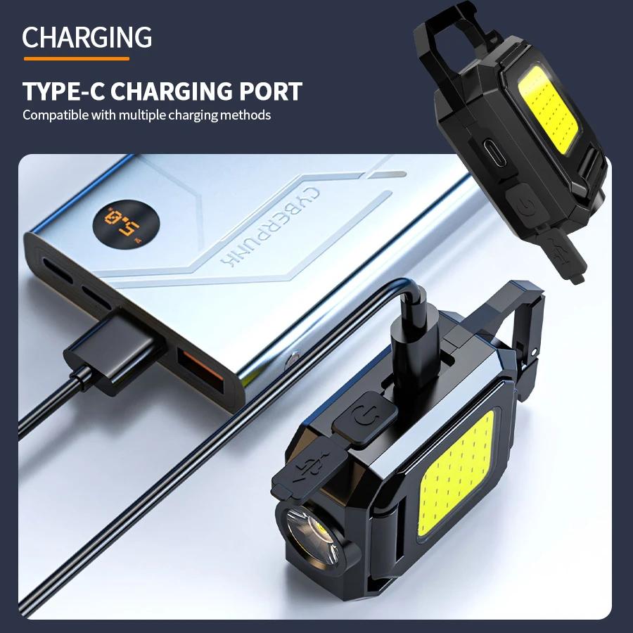 Multi Functional LED Flashlight Three Head Keychain Light USB Rechargeable Outdoor Waterproof Lighting Spotlight Work Light