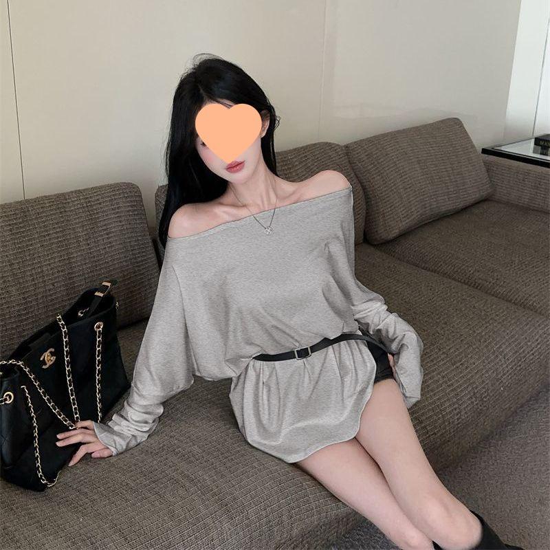 Korean Style One-Shoulder Long-Sleeve Women's T-Shirt, Slimming and Flattering Autumn Base Layer with Belt, Beautiful New Arrival