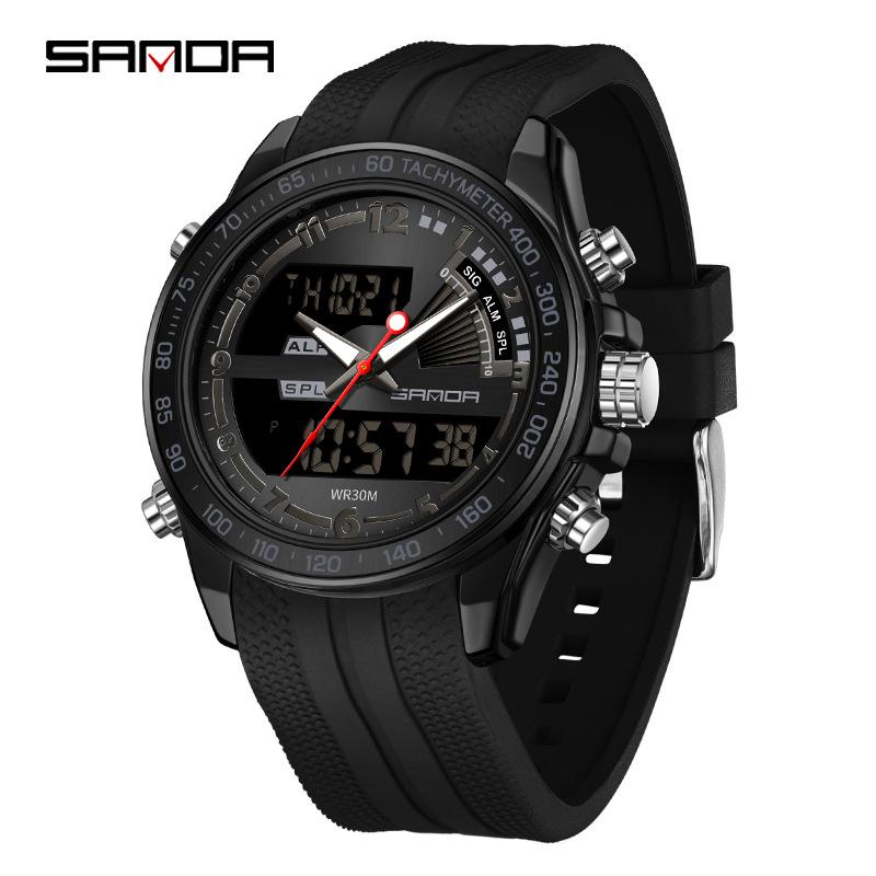 SANDA Dual Display Electronic Watch - Cool Business Waterproof Wristwatch with Live Broadcast, Teenager Alarm Clock Feature.