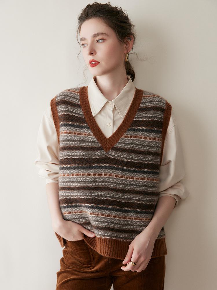 Women's Retro Color Block Cashmere Vest - 2025 Spring/Autumn V-Neck Sleeveless Knit Pullover