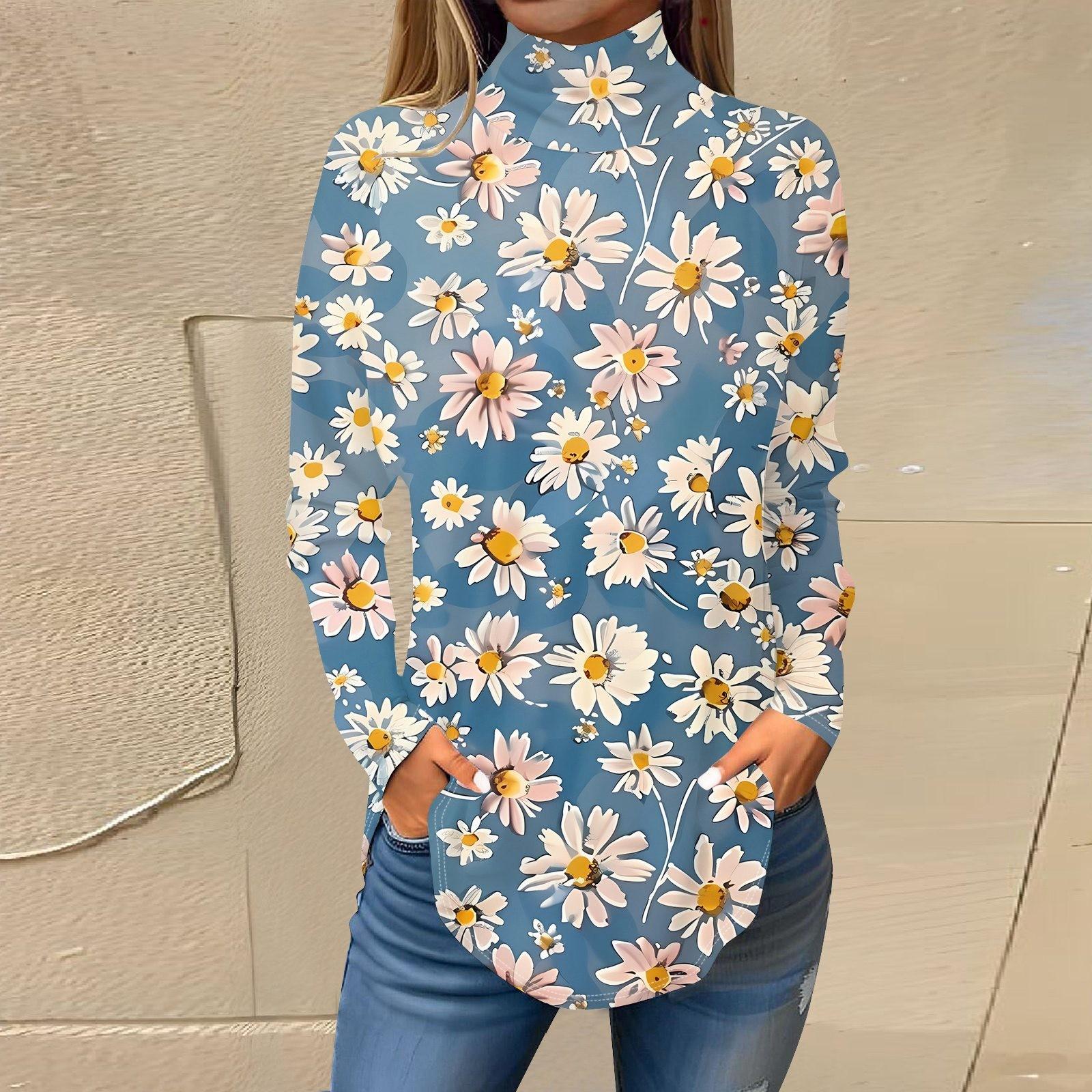 

Женская модная повседневная футболка с длинным рукавом с высоким воротом и принтом, пуловер, топ L