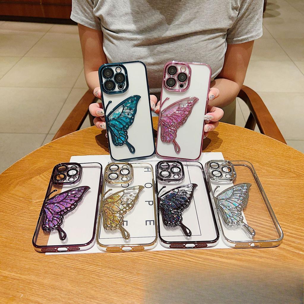 Suitable for IPhone16proMax Butterfly Sand Phone Case Electroplating 15 Apple 14 Full Cover Lens Film Protective Case