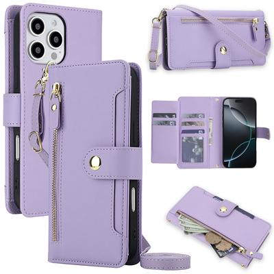 Zipper Leather Wallet Flip Case For iPhone 17 Pro Max 16 15 14 13 12 11 16E 16Plus Luxury RFID Stand Book Long Lanyard Bag Cover