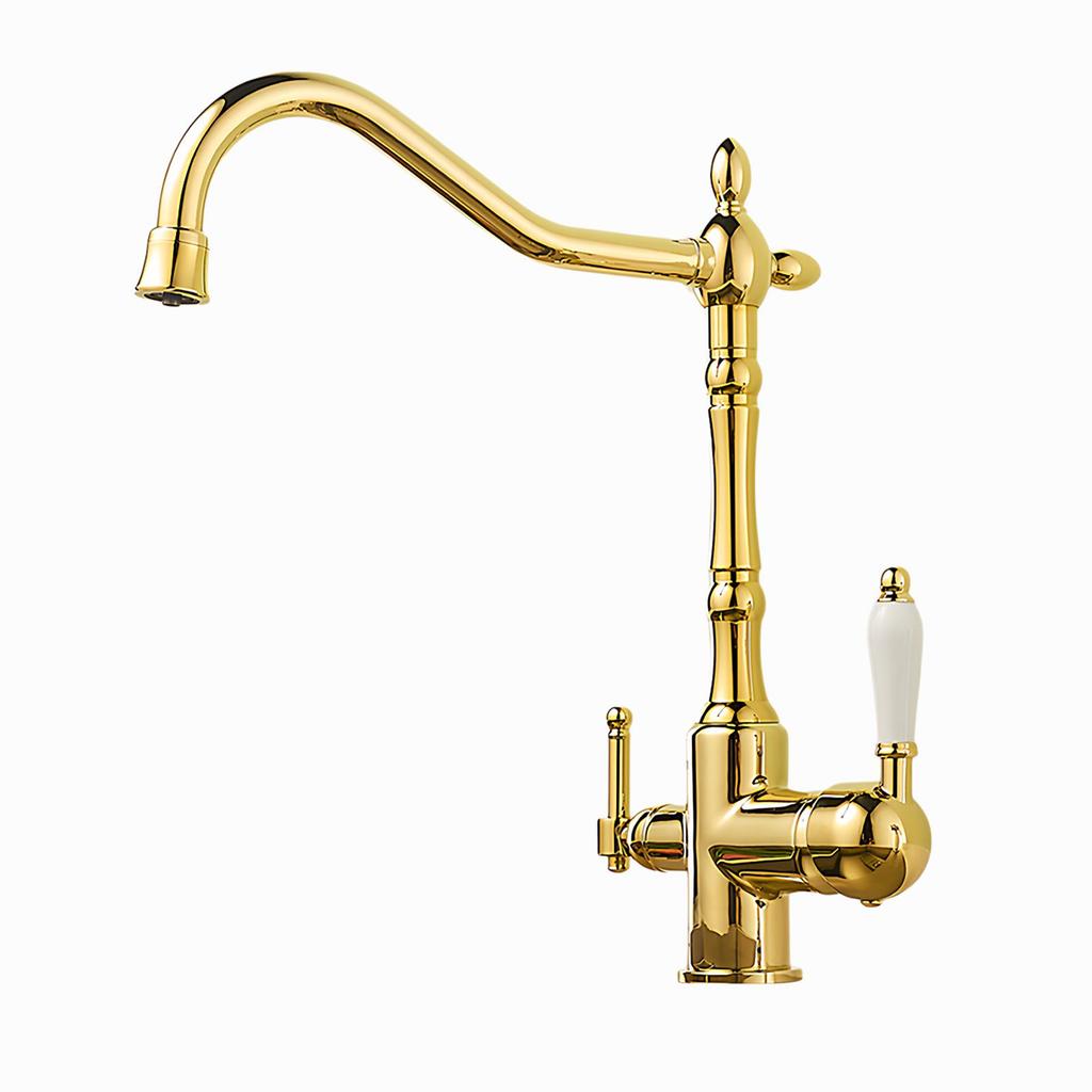 Antique Gold All-Copper 3-in-1 Kitchen Faucet: Hot/Cold Water for Sink & Vegetable Wash Basin, Splash-Proof Design