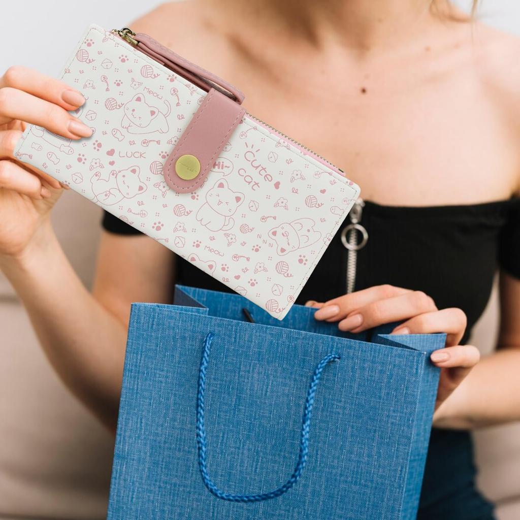 Farcauo Damen Bifold Geldbörse, Beliebt und Niedlich, Kompakte Rosa Katze Muster Geldbörse mit Münzfach für Mädchen