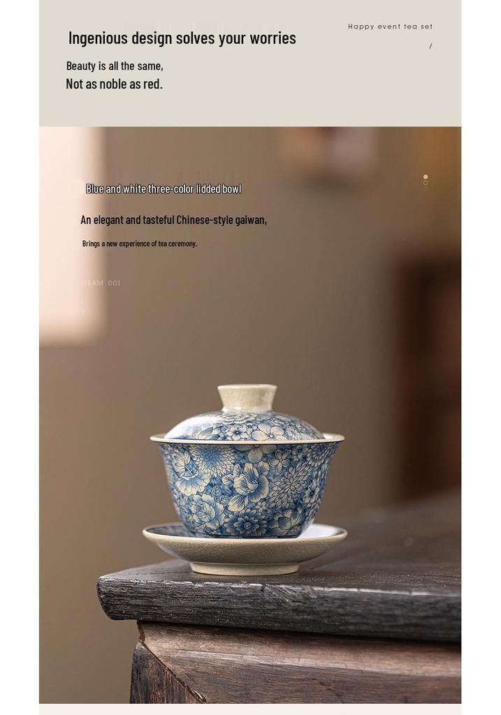 Blue and White Porcelain Ru Kiln Tea Set – Retro Lidded Bowl Tea Cup with Blossoms, Anti-Scald Design for Brewing Tea