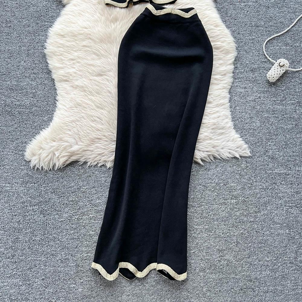Letní dámský designový černý pletený svetr dvoudílný set krátký top tílko a dlouhá maxi pouzdrová sukně oblek