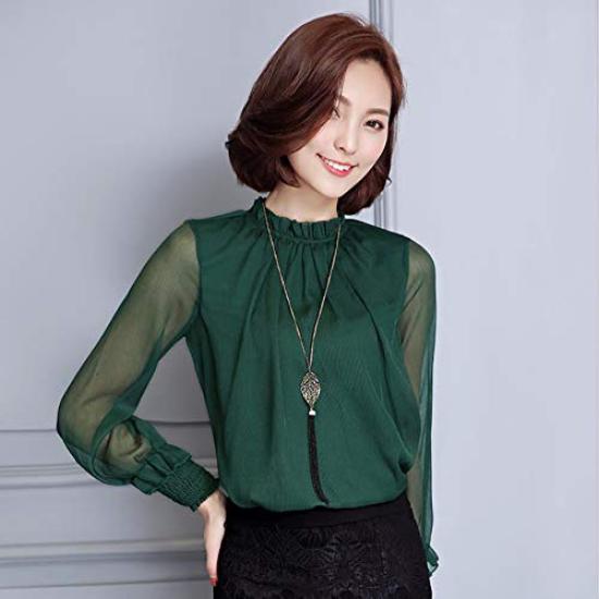 Sheer Long Sleeve Chiffon Ruffle Solid Sizes ORANGECODE Women's Blouse, Color, Formal, M-3XL (Green, XL)