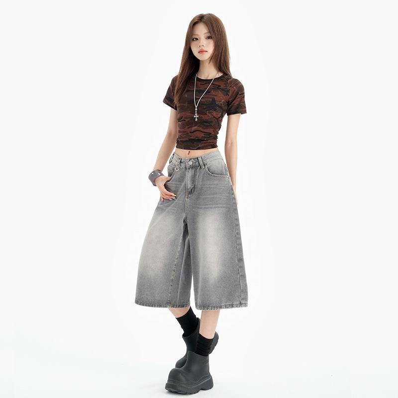 Women's 2025 Retro Wide-Leg Denim Jeans: Trendy, Versatile, Mid-Length Summer Pants
