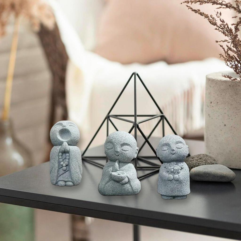3pcs Japanese Monk Statue Praying Zen Sandstone Mini Baby Buddha Idol Figurine for Wealth Good Luck Bosatsu Feng Shui Home Décor