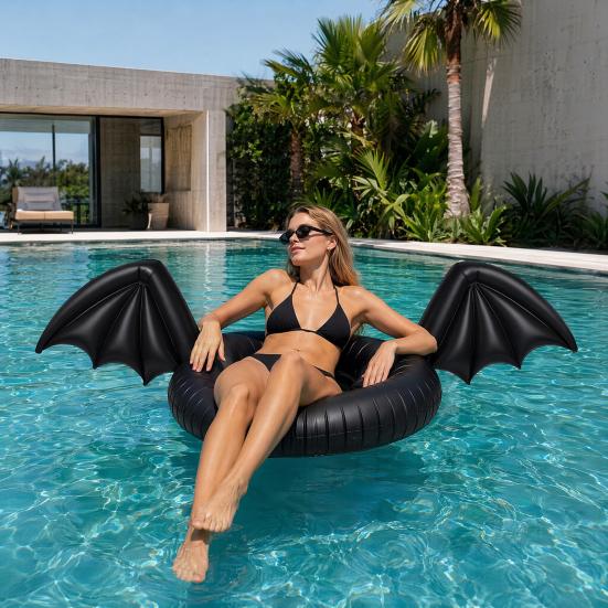 Nostalgie Inflatable Pool Float, Creative Bat Wings Decor, Black Thickened PVC Swim Ring for Party Halloween Beach Summer