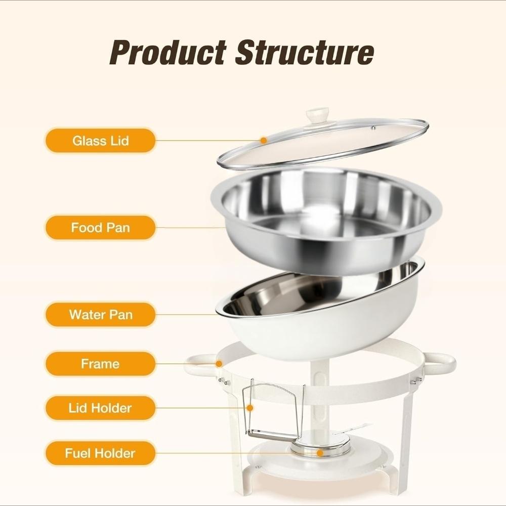 White Chafing Dishes for Buffet with Glass Lid (5QT, 1-2-4Pack), Stackable, Lid Holder for Party, Wedding