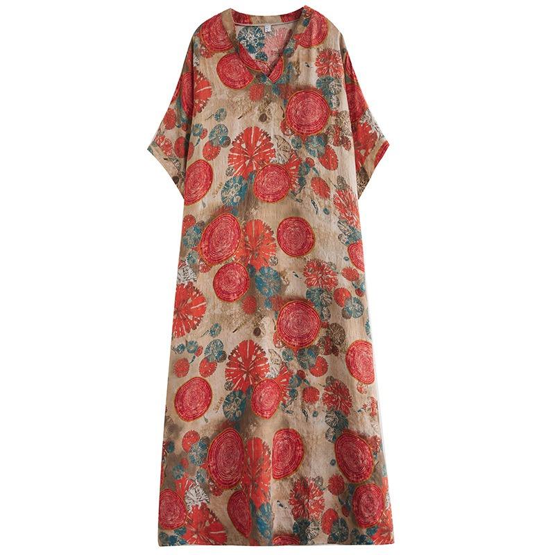 Real Shot Summer Thin V-neck Cotton and Linen Large Size Loose Medium and Long Literary Holiday Style Beach Dress Women