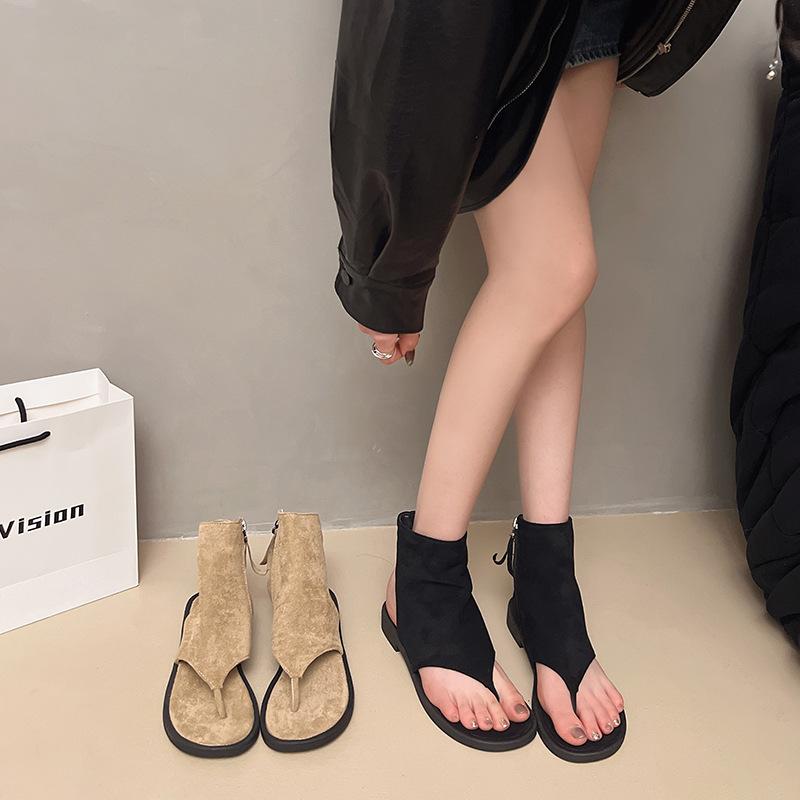 Versatile thin spring and autumn thin Korean version toe round head sandals women's versatile low heel short tube cool boots fashionable single shoes