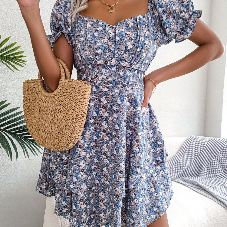 Sommerliches Blumenkleid für Damen Quadratischer Ausschnitt Kurze Ärmel Schnürung Temperament Frühling S-XL