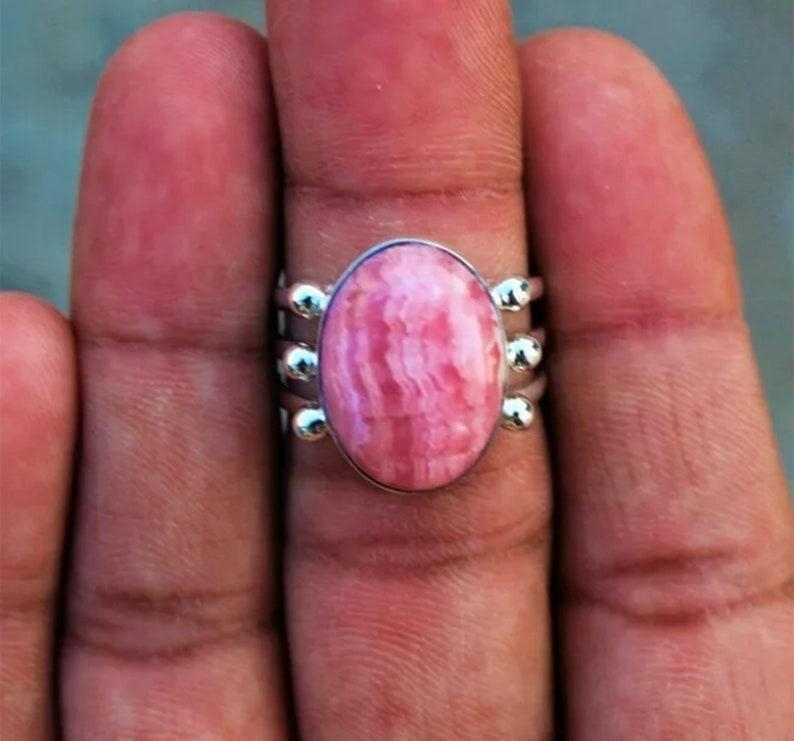 Rhodochrosit-Ring, Edelstein-Ring, Designer-Ring, 925 Sterling Silber, handgefertigter Schmuck, Damen-Ring, Statement-Ring, Geburtstagsgeschenk, Silberring