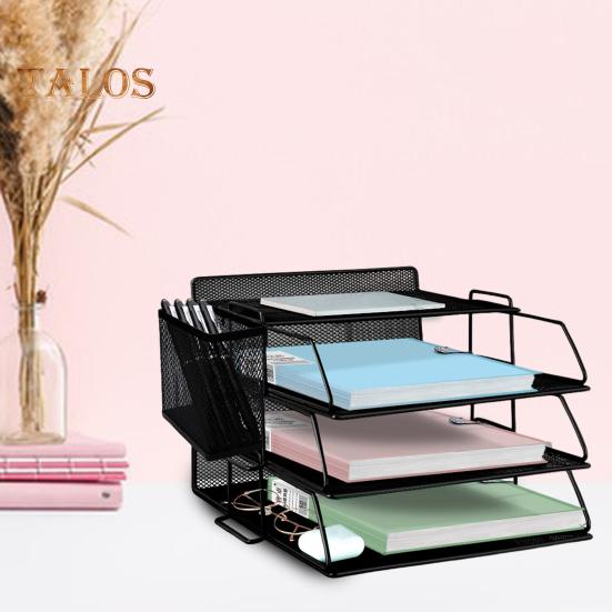 Suport de depozitare pentru birou cu 4 niveluri cu suport pentru stilou, plasă metalică, organizator de birou, suport pentru fișiere, accesorii pentru birou