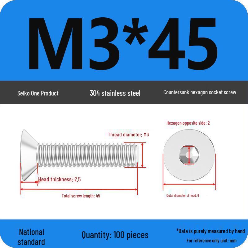M2-M10 Stainless Steel Flat Head Machine Screws and Bolts Set, Countersunk Hex Socket Cap, 304 Grade.