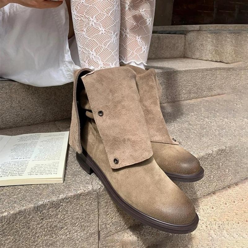 Cowhide Version Thin Pleated Piled Boots Women's Boots Thick Heel Retro Two Wear Western Boots Suede Versatile Knight Boots