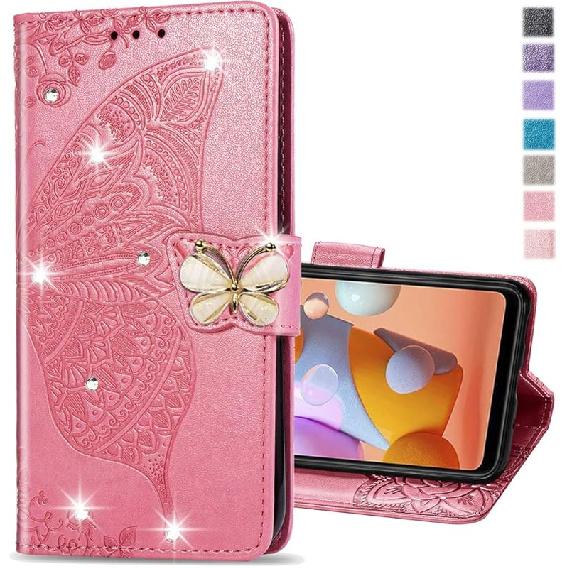 

Compatible with Motorola Moto G Stylus 5G Case Glitter Bling with Card Holder and Stand Leather Flip Wallet Diamond Butterfly Shockproof Protective рожевий