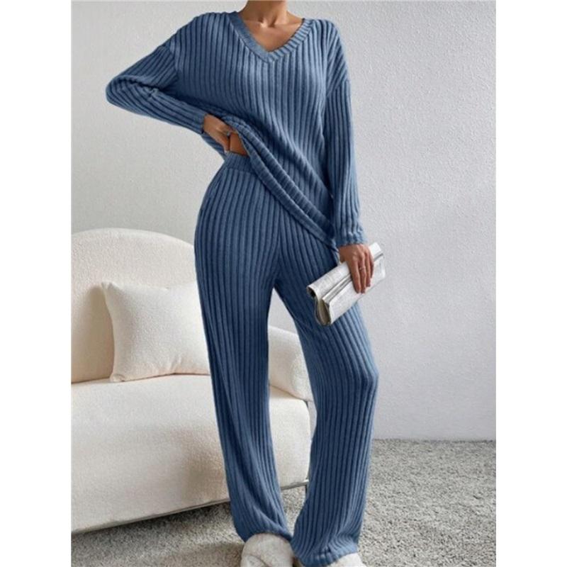 Pyžamo Dvoudílný oblek Dámský Nový Ležérní Kalhoty s rovnými nohavicemi Temperamentní Volný V výstřih Žebrovaný úpletový oblek