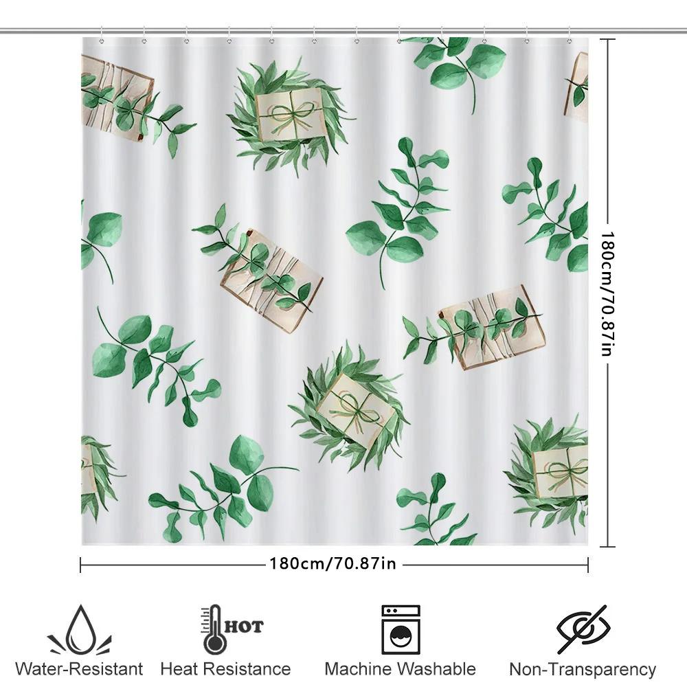 Green Leaves Books Shower Curtain Waterproof Home Decor Fabric Bathroom Wall Hanging White 3D Printing Customizable Size Avail