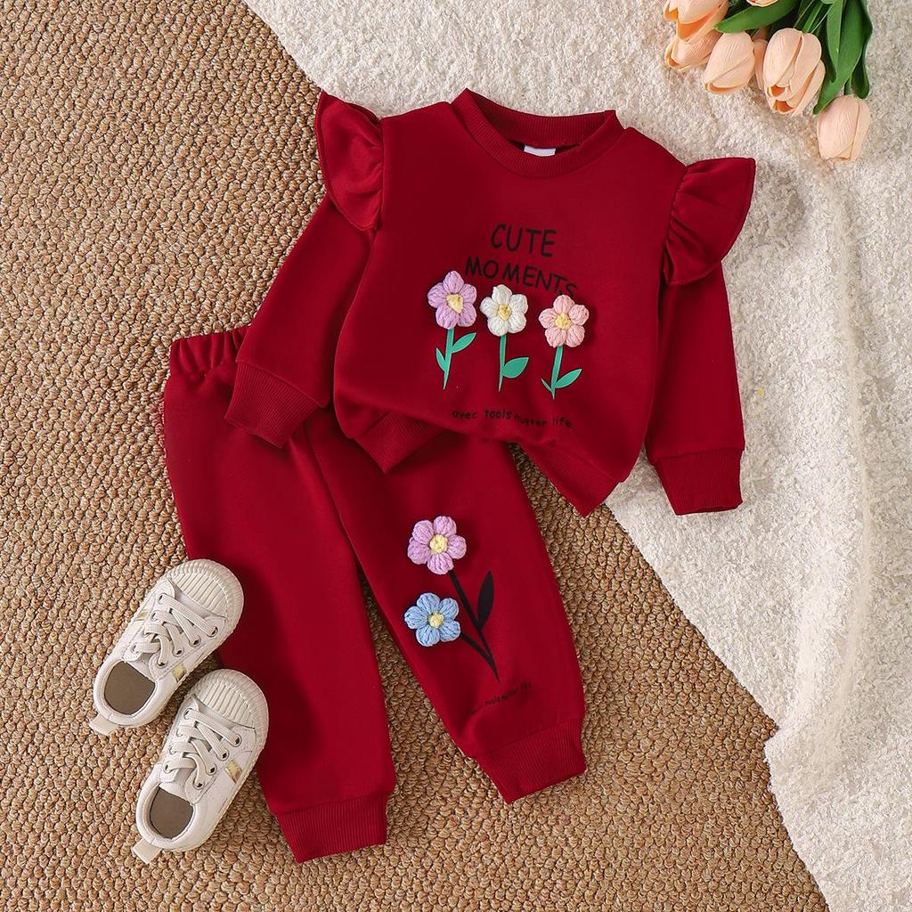 Vinröd Huvtröja med Långa Ärmar och Byxset för Flickor - Europeisk & Amerikansk Stil