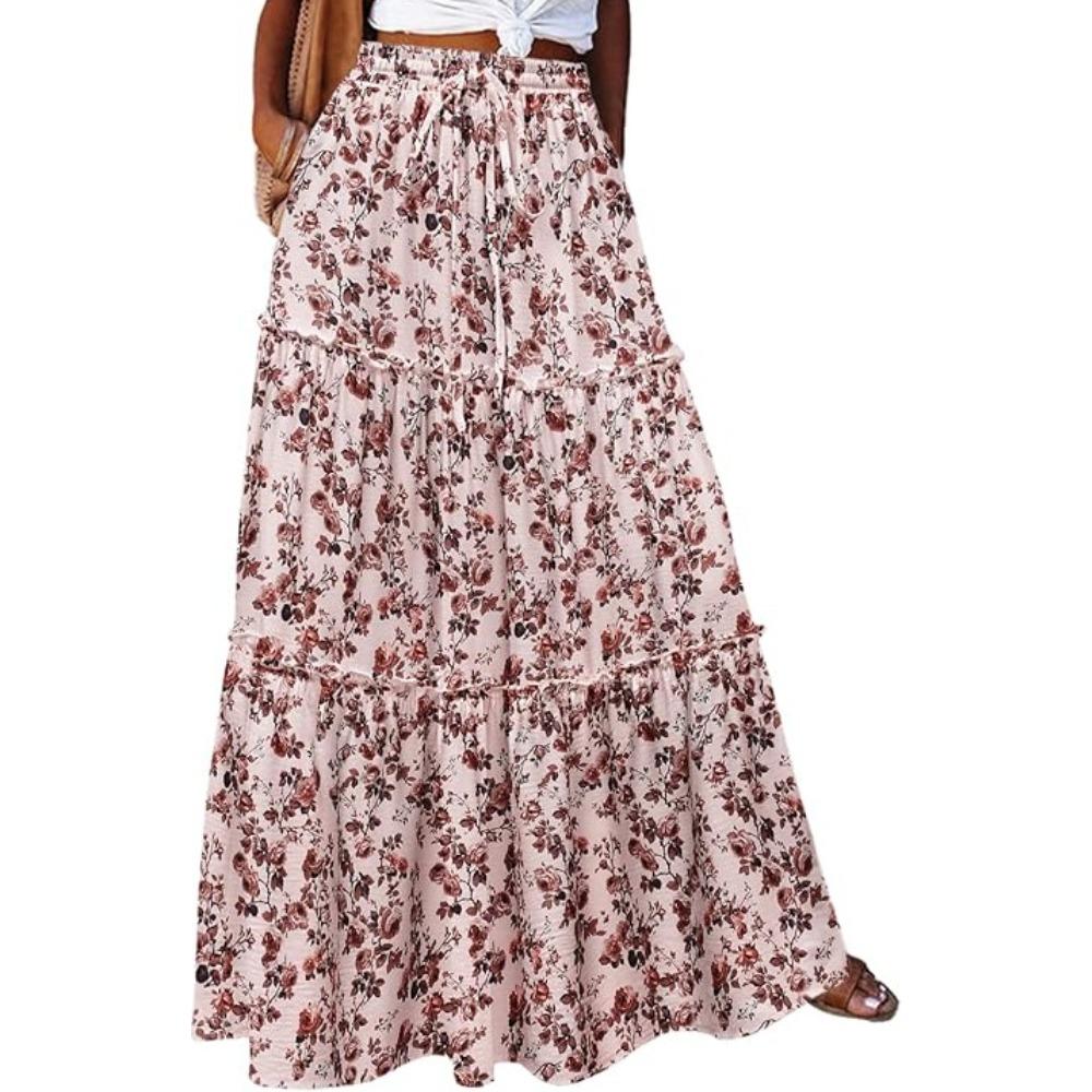 Gonna Lunga da Donna a Balze con Stampa Floreale, Vita Alta Elastica e Coulisse