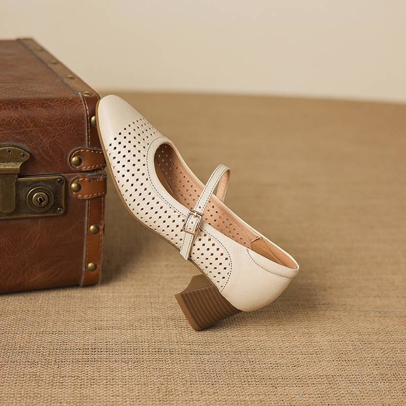 Krazing Pot Sheepskin Round Toe Thick Heels Summer Shoes Solid Big Size 42 Hollow Decoration Women Shallow Pumps