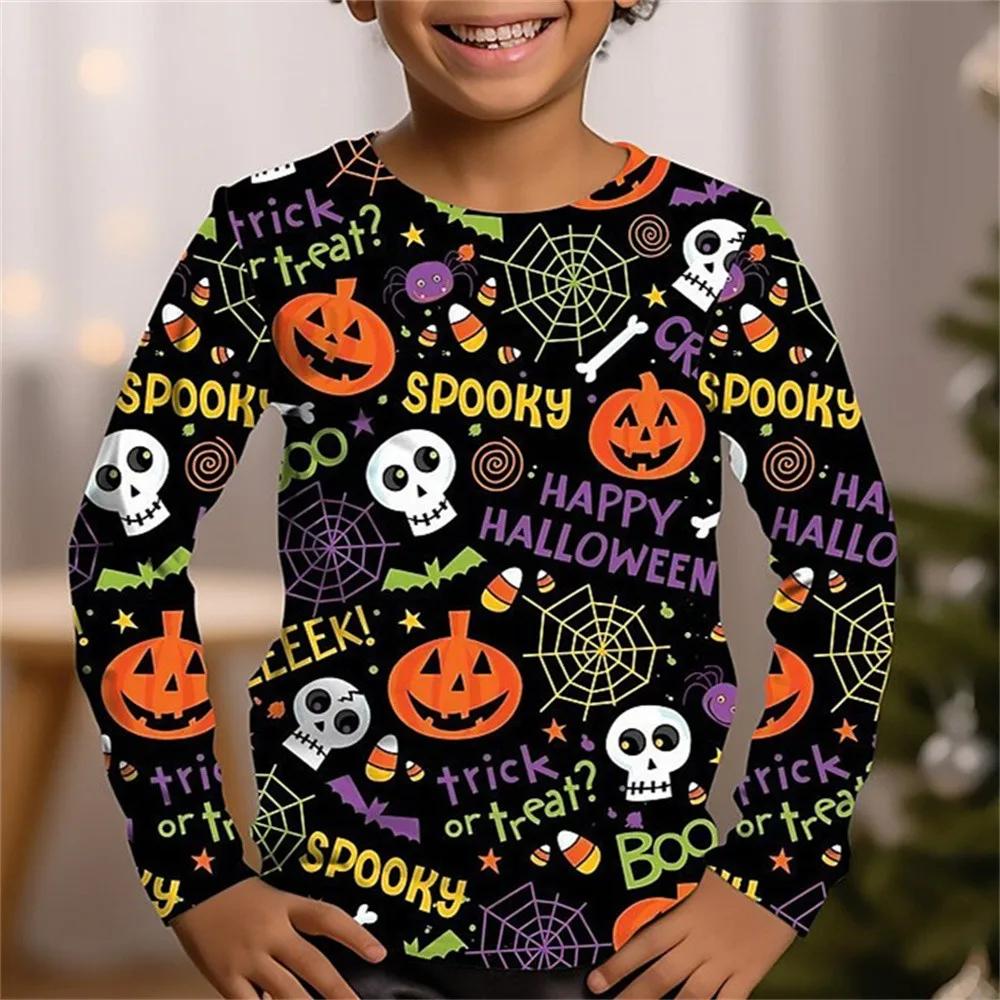 Spring and Autumn Round Neck 3D Halloween Printed Top Fashionable Casual Long Sleeved Children's Boy T-shirts