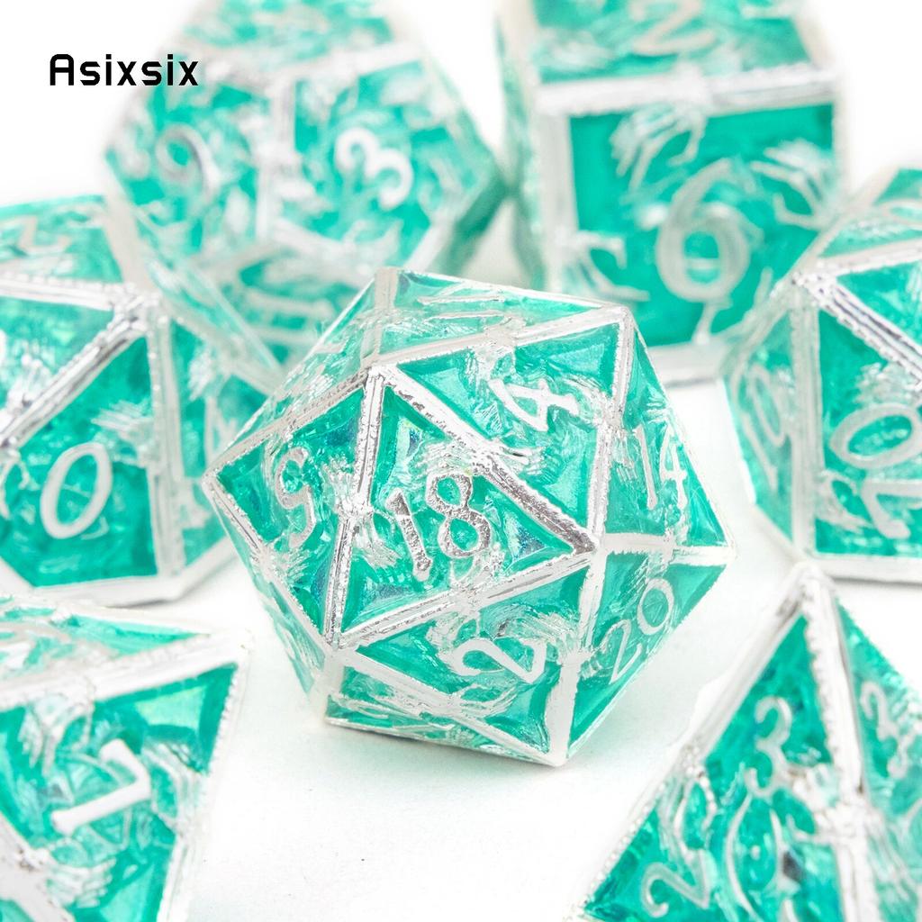 7 Pcs Silver Green Hand Metal Dice Solid Metal Polyhedral Dice Set Suitable for Role-Playing RPG  Board Game Card Game