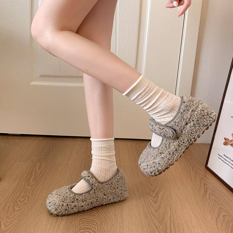 Leopard Fur Lining Women Flats Shoes Concise Round Toe Shallow Shoes Comfort Warm Cotton Outdoor Shoes For Autumn Winter