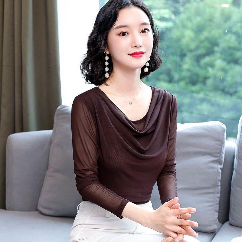 Autumn Elegant Slimming Blouse Women Long Sleeve Mesh Tops Fashion Drape Neck Slim Fit Tee Basic Shirt
