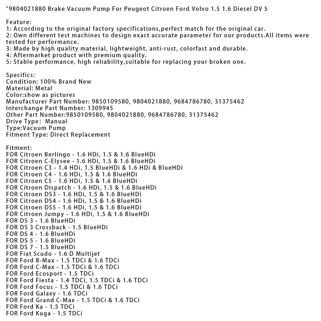 9804021880 Brake Vacuum Pump For Peugeot Citroen Ford Volvo 1.5 1.6 Diesel DV 5