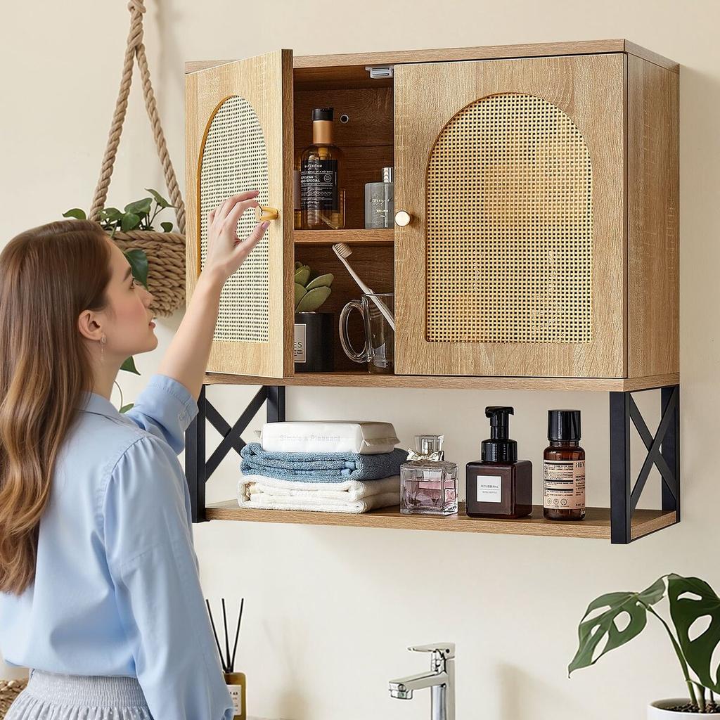 Bathroom Wall Cabinet, with 2 Doors and Adjustable Shelf, Over the Toilet Storage Medicine Cabinet Wall Mounted, Hanging Organizer with Shelves & Open