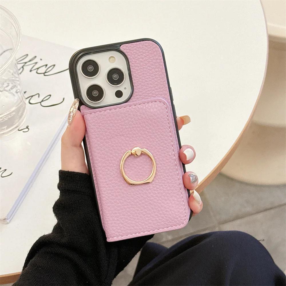Leather Ring with Card Holder Phone Case for IPhone 15 14 11 Pro Max 13 12 Mini XR XS X Max 8 7 Plus PU Shockproof Shell Cover
