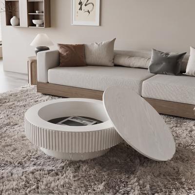 75cm Round Coffee Table with Storage Solid Wood Veneered Modern Accent Tea Table for Living Room, Bedroom, Apartment or Office, Retro White