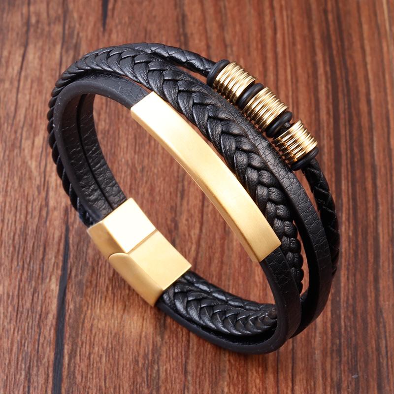 Luxury Classic Multi-layer Style Hand-woven Winding Stainless Steel Men's Leather Bracelet With Magnet Clasp For Men's Jewelry