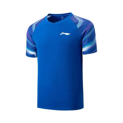Colorblock V-Ausschnitt Lässiges Kurzarm-T-Shirt Unisex Oberteile Sturmblau AAYV157-5