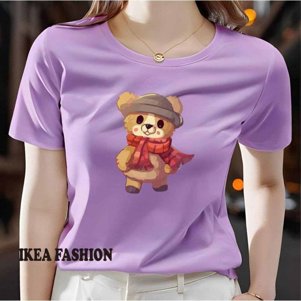 Ladies' casual short sleeved round neck T-shirt - cute cartoon bear pattern printed fashionable